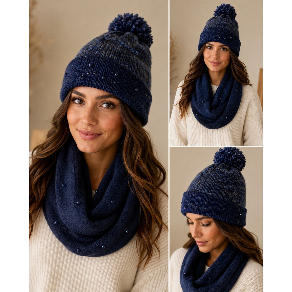 C.C Exclusives Scarf Beanie Set Women OS Winter Navy Blue Cable Knit Beaded NEW